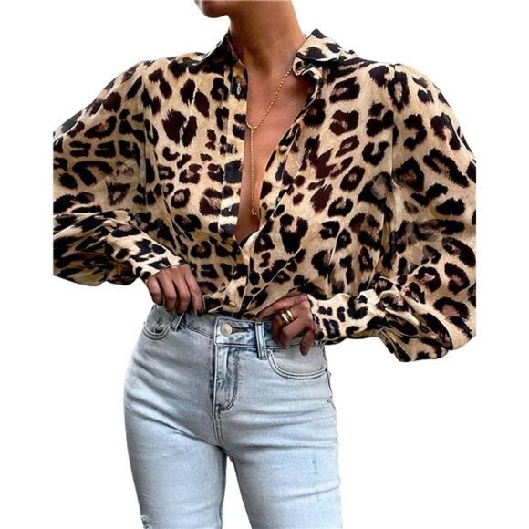 Cheetah Printed Button Up Shirt Casual Long Puff Sleeve‎ Blouse Boho Dressy Top - Picture 4 of 5